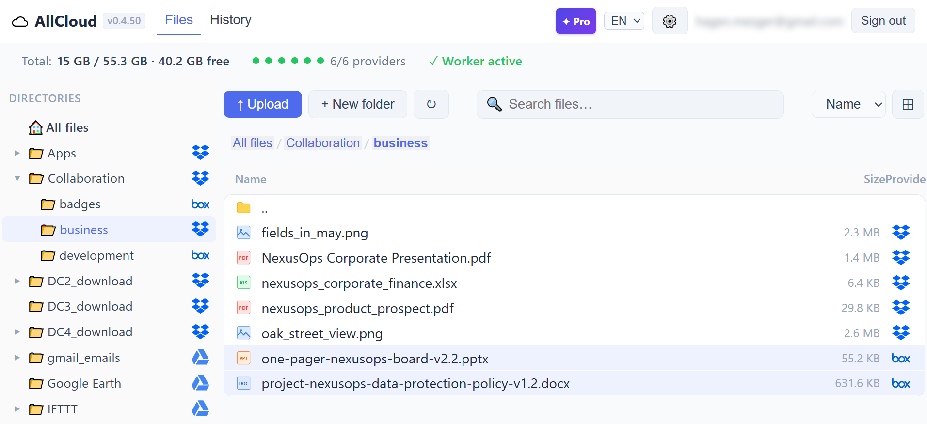 Krytix file browser — folder tree on the left, files with provider icons on the right
