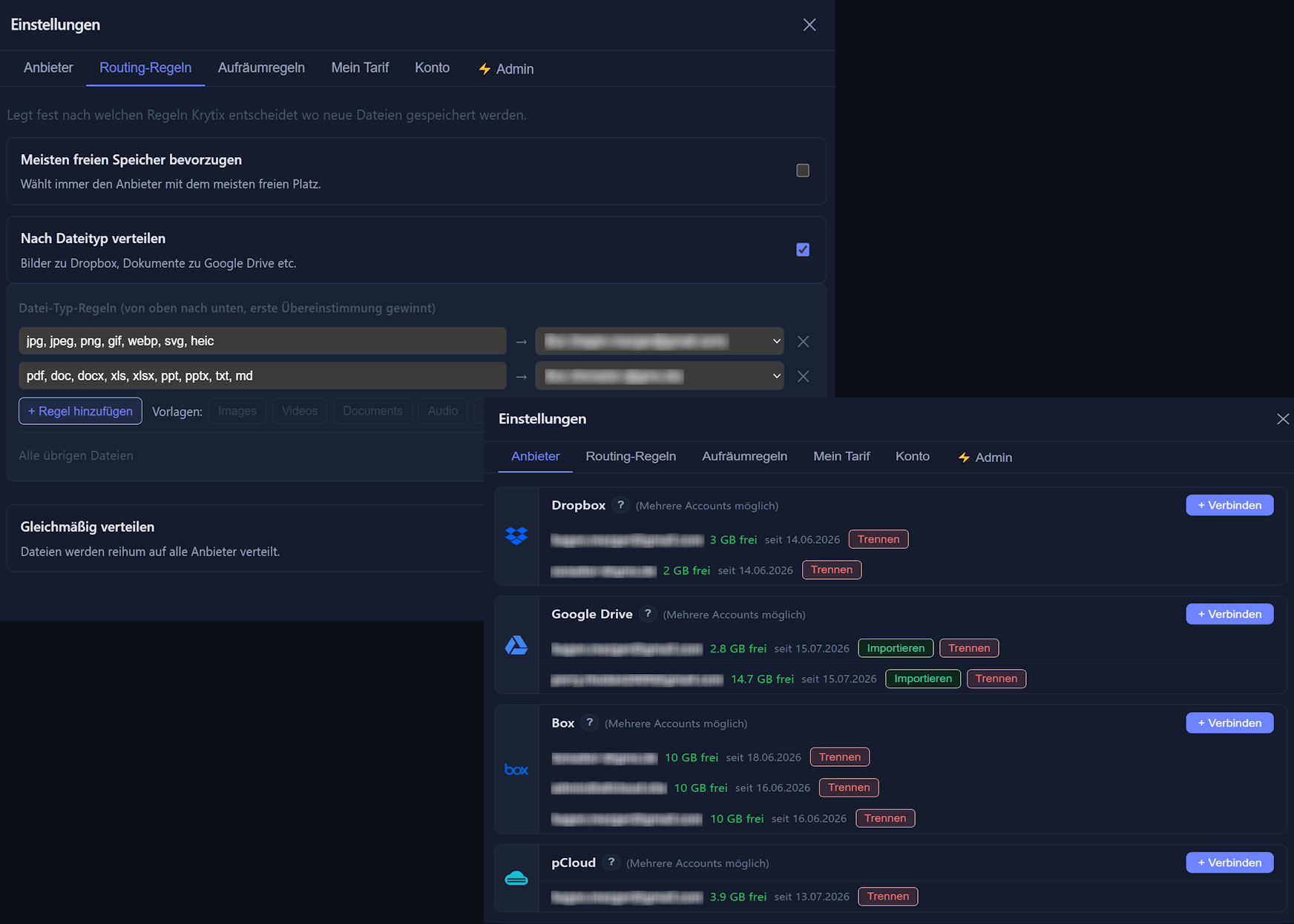 Krytix settings — smart routing rules by file type and provider accounts with free-storage overview